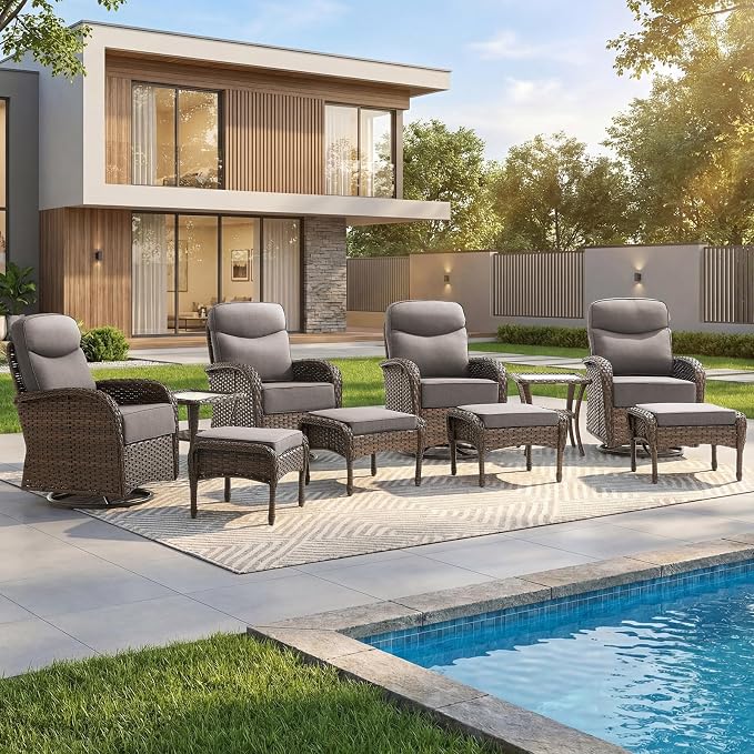Outdoor Swivel Rocking Chair Patio Set (10pcs) High-Back - Thick Cushion Swivel Rocking Chair Patio Chairs Set, All-Weather Wicker Patio Furniture Set, Suitable for Balcony Patios, Brown/Gery