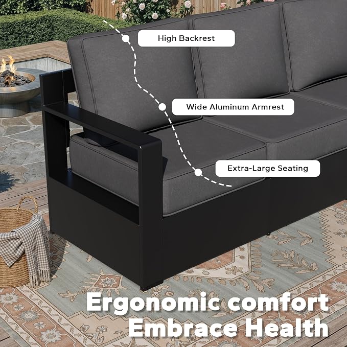 Aluminum Patio Sofa - 3-Seater Outdoor Couch with 6" Thick Removable Cushions, All-Weather Metal Frame, Deep Setting for Garden, Poolside and Porch