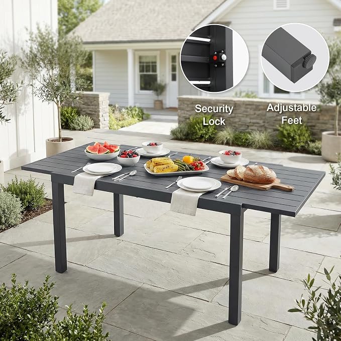 SUNSITT 7 Piece Outdoor Patio Dining Set, 59" - 83" Aluminum Expandable Outdoor Dining Table and 6 Woven Wicker Patio Chairs w/WPC Armrests for Garden, Dark Grey