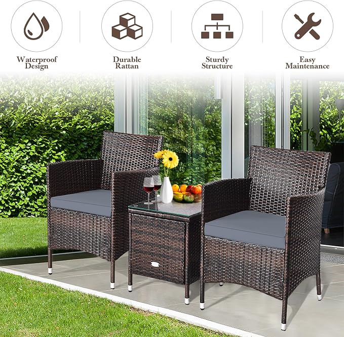 DORTALA Wicker Patio Furniture Set 3 Piece, Small Outdoor Table & Chairs Set with Cushions, All-Weather Rattan Conversation Bistro Set for Balcony, Porch, Backyard, Deck, Grey