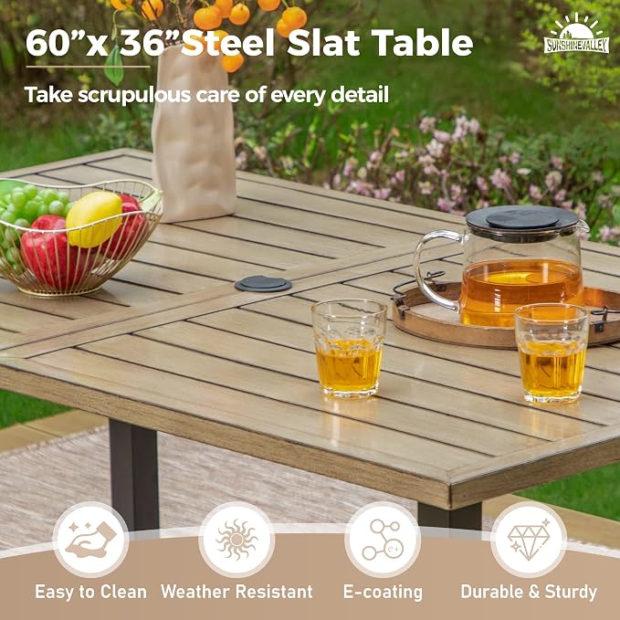 SUNSHINE VALLEY Patio Dining Set,Wood-Like Metal Table w/Umbrella Hole | 60x36 Metal Table&6 Pcs Rust-Proof Stackable Chairs, Outdoor Table and Chairs Set for Backyard Garden Deck