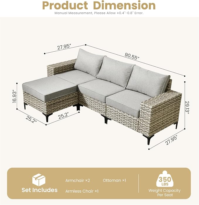 HOOOWOOO Outdoor Sectional Furniture Set,4 Pieces Wicker Patio Conversation Sets,L Shape All Weather Outside Couch Sofa with Ottoman,Charcoal Gray