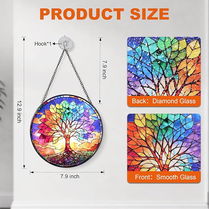 Stained Glass Window Hanging, Colorful Tree of Life Suncatcher 7.8 in Sun Catcher Boho Wall Art Decor with Chain Diamond Glass Panel Hangings Scenery Sun Catchers Decor for Lover Couple Mom