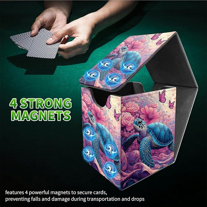 Pink Flower Turtle Card Deck Box for MTG, Personalized Card Storage Case Fits 120+ Sleeved Cards, Premium Leather TCG Box with Strong Magnetic Closure for Magic, CCG, PTCG, Baseball Cards