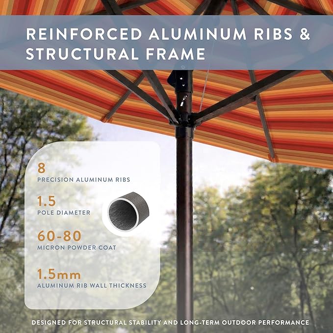 California Umbrella 12-Year Protection 9-Ft Outdoor Patio Umbrella, Sunbrella Fade-Resistant Fabric, Auto-Tilt, Heavy Duty Aluminum Frame, 8 Reinforced Ribs for Pool or Deck, Bronze Pole, Astoria Sunset