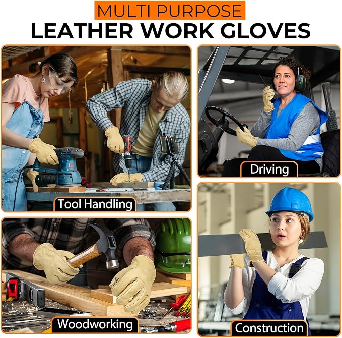 HANDLANDY Leather Gardening Gloves, Leather Work Gloves for Men Women | Durable Utility Men Women Garden Yard Working Glove, for Landscaping, Mechanic, Construction, Driving, Farming, Ranching