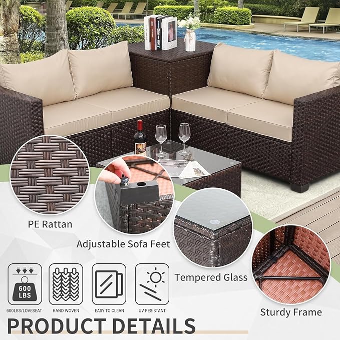 4-Piece Outdoor Patio Furniture Set with Dark Brown PE Wicker Rattan Sectional Loveseat Couch, Conversation Sofa with Storage Box, Glass Top Table, and Non-Slip Grey Cushions for Backyard Garden Loung