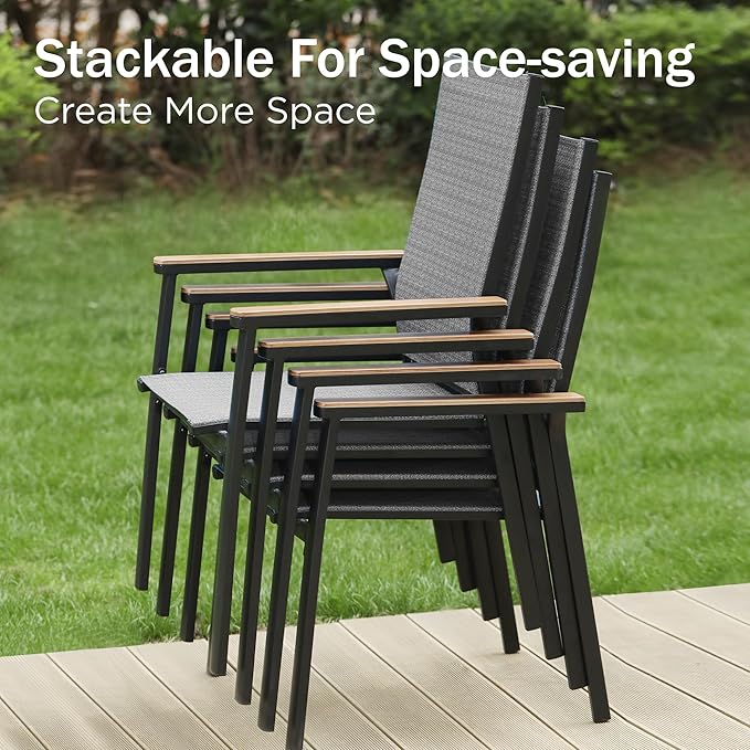 PHI VILLA Outdoor Dining Set for 8 w/Metal Table & Aluminum Chairs, Grey | Stackbale chairs, Breathable & quick-drying, Light-weight & space-saving, Rectangular Table, Umbrella Hole, Patio deck