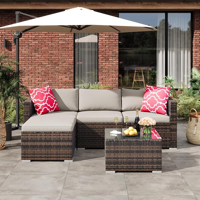 5-Piece Outdoor Sectional Sofa Set, All-Weather PE Rattan Patio Furniture with Ottoman & Tempered Glass Table, Convertible Garden Couch for Backyard, Porch, Poolside (Brown/Light Gray)