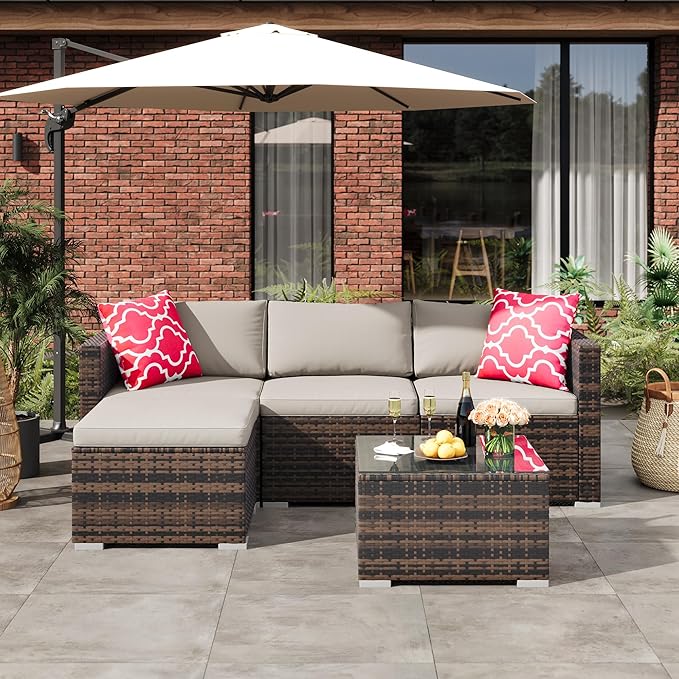 GarveeHome 5 Pieces Patio Sectional Furniture Set, All Weather Wicker Rattan Sectional Sofa, Patio Conversation Set with Cushions and Glass Coffee Table for Backyard Porch Garden Balcony, Grey