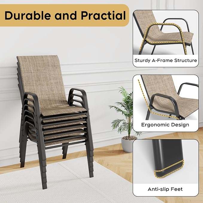 Outdoor Patio Dining Set for 6, 7 Pieces Patio Table and Chairs Set with Umbrella Hole, 47"x 47" Round Metal Wood-Grain Dining Table Set with 6 Stackable Patio Chairs for Deck , Backyard, Porch