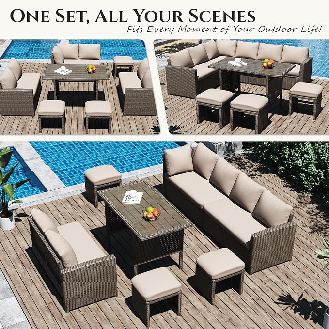 U-MAX 7 Pieces Patio Furniture Set with Waterproof Cover, Outdoor Sectional Sofa Conversation Set, All Weather Wicker Rattan Dining Table & Chair with Ottoman, Brown Rattan&Khaki Cushion