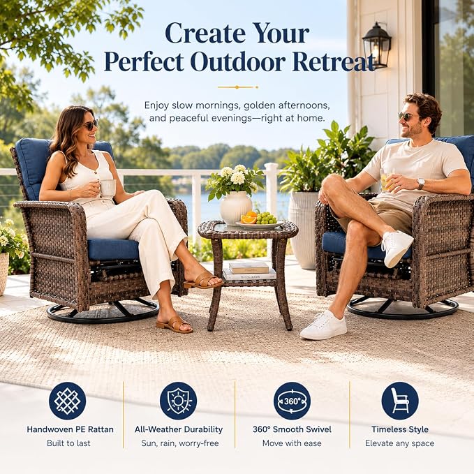 Yechen 3 Piece Outdoor Patio Wicker Chairs with Footrest and Adjustable Backrest, Furniture Set with 2 Swivel Chairs and Side Table, Thickened Seat Cushions for Porch Deck Backyard, Slate Blue