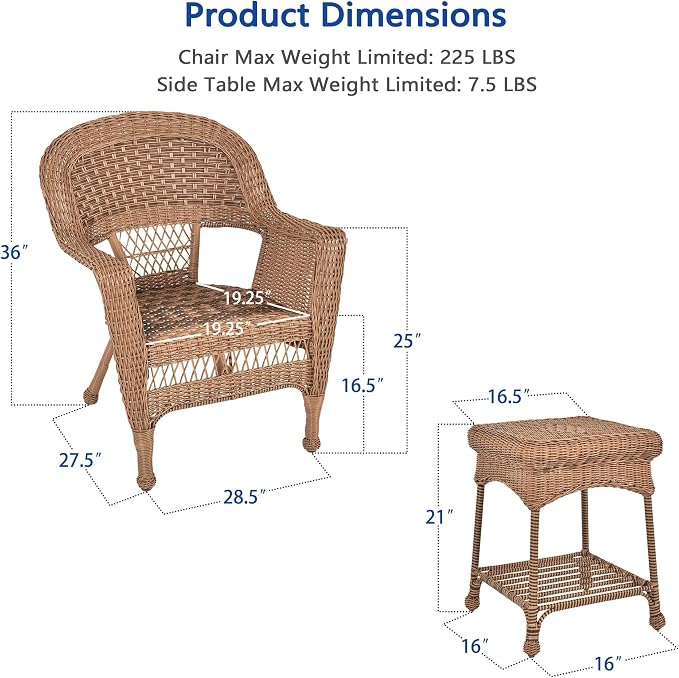 Jeco 3 Piece Wicker Chair and End Table Set without Cushion, Honey
