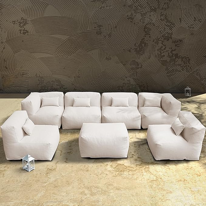 Patio Furniture Set Bean Bag Outdoor Chairs Sectional Conversation Patio Set Daybed Furniture Outdoor Sofa Couch High Density Foam Filling Modern Comfy Patio Couch (Light Beige), A01-7G