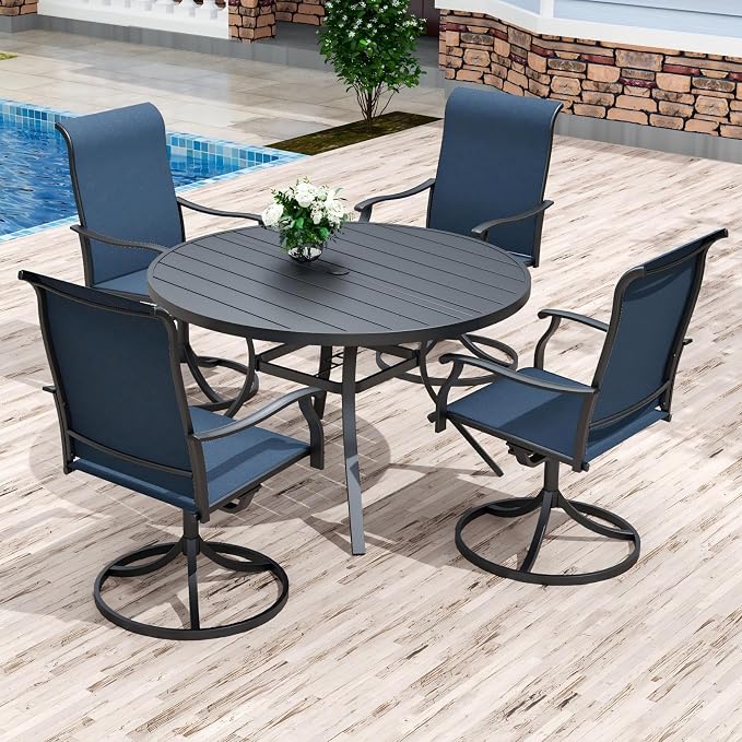 Anmutig 5-Piece Outdoor Dining Set, 48" Round Table with 4 Swivel Textilene Chairs All Weather Furniture Set - Blue