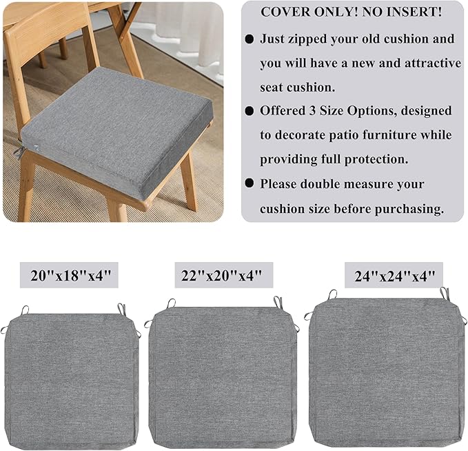 FUNHOME Outdoor Chair Cushion Covers 2 Pack, No Insert! Patio Cushion Covers Replacement 20" x 18" x 4", Water Resistant Chair Cushion Slipcovers, Grey (Covers ONLY)