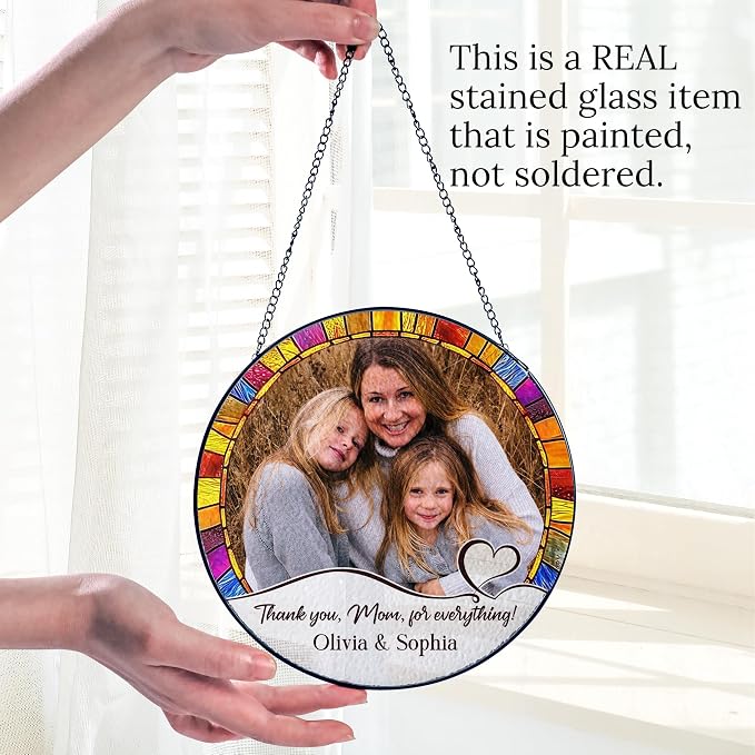 Thank You Mom Personalized Photo Stained Glass Window Hanging Suncatcher - Custom Photo, Message, Name-Keepsake Mother's Day, Birthday Gift- Heartfelt Home Decoration (Thank You Mom)