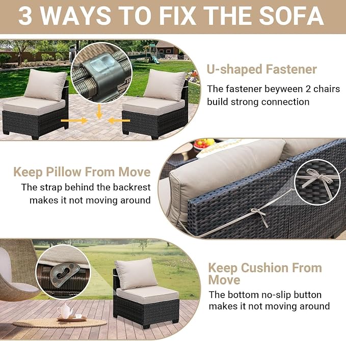10-Piece Outdoor Patio Furniture Set with PE Wicker Sectional Sofa, Removable Cushions, Glass Coffee Table, Left and Right Armrest Rattan Conversation Set for Garden, Porch, Deck, Backyard(Beige)