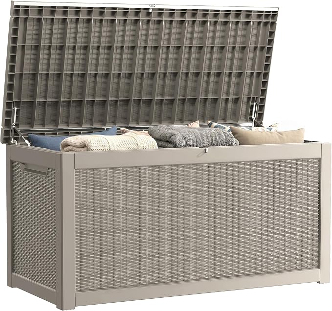 320 Gallon Outdoor Storage Box, Waterproof Resin Deck Box with Lockable Lid Large Storage Bin for Patio Furniture Cushion, Garden Tools, Pool Accessories UV-Resistant Outside Delivery, Gray