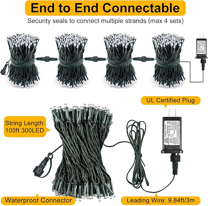 100FT 300 LED Christmas Lights Outdoor, Christmas Tree Lights, Cool White | Plug in 8 Modes Connectable String Lights for Outside Indoor Patio Garden Yard Party Holiday Wedding Decorations