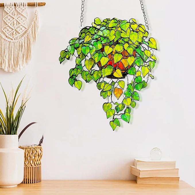 Plant Suncatcher Glass, Stained Glass Suncatcher Plant Window Hanging, Unique Nature Lover Gifts Leaf (Green)