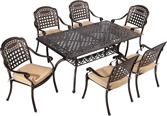 TITIMO 7-Piece Cast Aluminum Patio Furniture Set, Outdoor Patio Dining Set Bistro Conversation Set, All-Weather Rectangular Table w/Umbrella Hole (Khaki-Fixed Grid Chair, 7 Pcs)