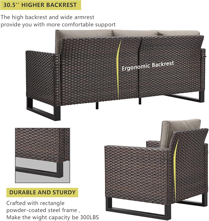HUMMUH 5 Piece Patio Furniture Set with Fire Pit Table 41in 55,000 BTU,Wicker Outdoor Conversation Sets -Patio Sofa Outdoor Chairs Set of 2 for Porch,Garden,Backyard