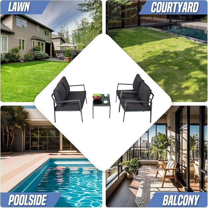 4-Piece Outdoor Patio Furniture Set, Steel Frame Patio Conversation Set with Tempered Glass Side Table for Home, Yard, Poolside