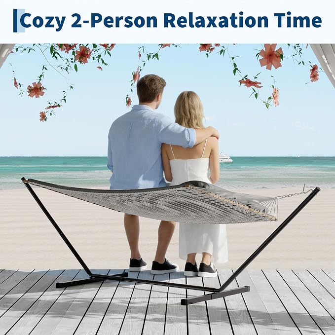 2 Person 12FT Hammocks for Outside, Double Quilted Fabric Outdoor Hammock with Spreader Bar, Large Removable Pillow, Storage Pockets, Carabiners, Max 450 Lbs Capacity