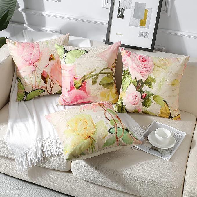 Artscope Set of 4 Waterproof Throw Pillow Covers 18x18 Inches, Pink Roses and Butterfly Pattern Decorative Cushion Covers, Perfect to Outdoor Patio Garden Living Room Sofa Farmhouse Decor