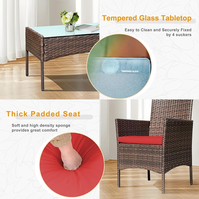 PROHIKER 4 Piece Outdoor Wicker Patio Conversation Furniture Set, Rattan Chair Wicker Sofa Garden Conversation Sets with Cushion and Glass Table for Yard Pool or Backyard, Brown/Red