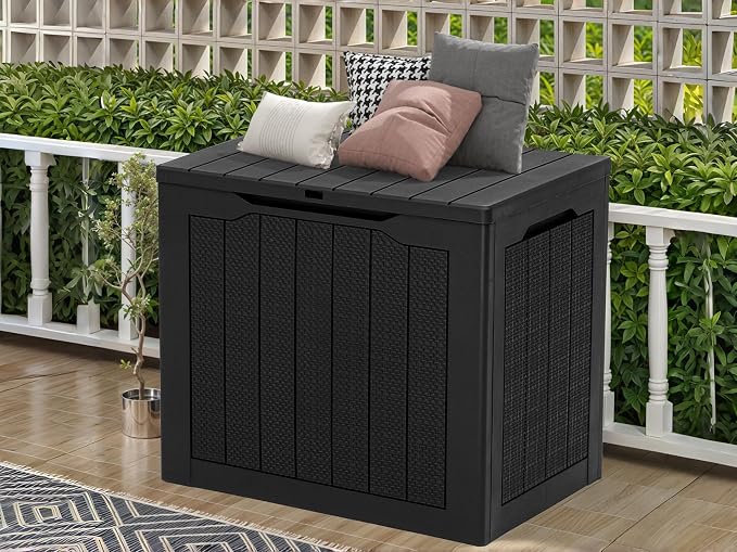 30 Gallon Resin Deck Box Outdoor Storage Box with Lockable Lid, Waterproof Patio Storage Bench for Cushions, Garden Tools, Rattan Design, UV Resistant, Easy Assembly