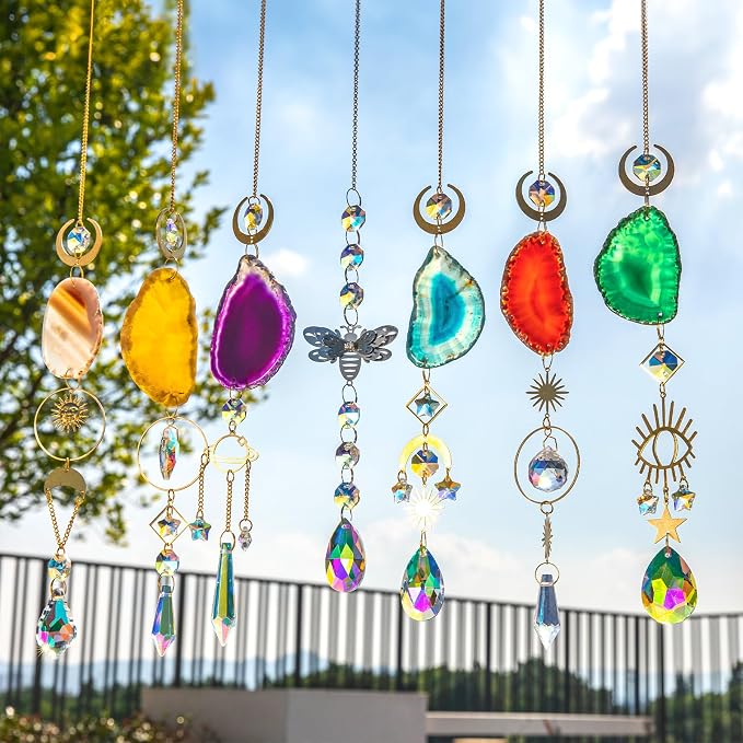 BlumWay Crystal Suncatcher, Hanging Suncatchers with Crystals Light, 7 PCS | Sun Catchers Indoor Window, Prism Pendants, Agate Slices, Tree of Life, Crystal Suncatchers Indoor Outdoor, Home Garden Decor