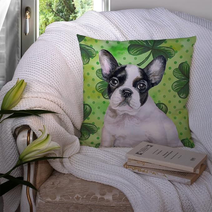 Caroline's Treasures BB9884PW1414 French Bulldog Black White St Patrick's Fabric Decorative Pillow, Green Machine Washable, Indoor Outdoor Decorative Pillow for Couch, Bed or Patio, 14Hx14W