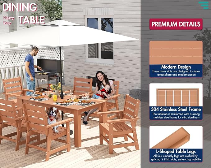 BRIOPAWS Outdoor Dining Table | HDPE | 67” Patio Rectangle Tables | All Weather | Umbrella Hole | Patio Furniture Set for 4-6 Person | Teak