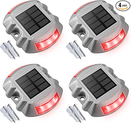 VOLISUN Solar Deck Driveway Dock Lights,Solar Pathway Lights,Red 4 Pack | Solar Powered LED, IP68 Waterproof Led Outdoor Warning Step Marine Lights for Sidewalk Garden Yard