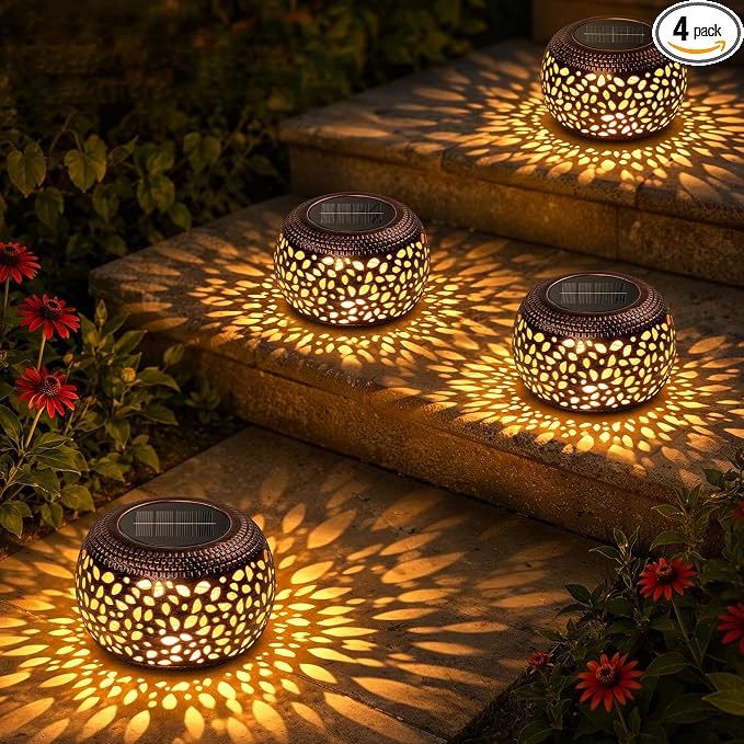 Solar Lanterns Outdoor Waterproof, 4 Pack Flower Petal Solar Garden Lights with 2 Lighting Colors, Vintage Metal Outdoor Patio Garden Decor - Unique Gifts for Women Mom Sisters Birthday