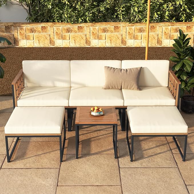 Tangkula 6 Pieces Acacia Wood Patio Furniture Set, Outdoor Sectional Conversation Sofa Set with Cushions, Coffee Table and Ottomans, Metal Frame Patio Sofas for Garden, Poolside, Backyard, Beige