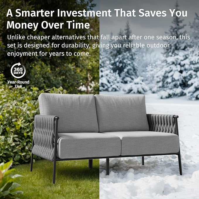 East Oak Outdoor Furniture | Life Chatter Loveseat | 2 Seater Sofa with 6.7" Thick Washable Cushions | Deep Seating Patio Furniture for Garden, Porch, Balcony & Backyard | Misty Grey