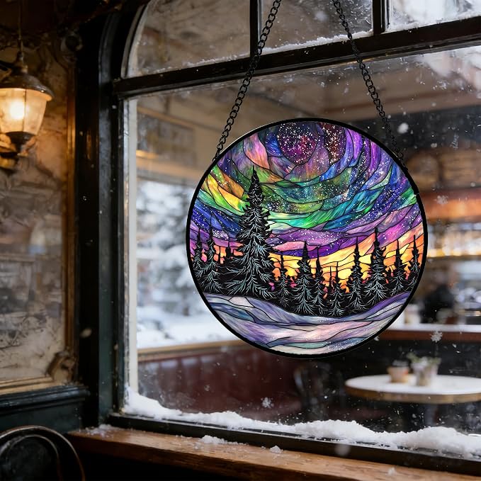 DASTOLL Stained Glass Window Hanging, Van Gogh Night Scene Sun Catchers Colorful Glass Panel Starry Sky Suncatcher Decor for Birthday for Women, Men, Wife, Aunt, and Mom 7.8 in