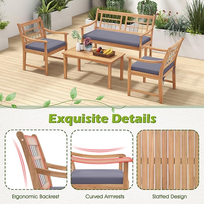 Tangkula 4 Piece Wood Patio Furniture Set, Outdoor Conversation Set w/Soft Seat Cushions, Solid Acacia Wood Frame, 2 Armchairs, Loveseat & Coffee Table Set for Backyard, Porch, Poolside