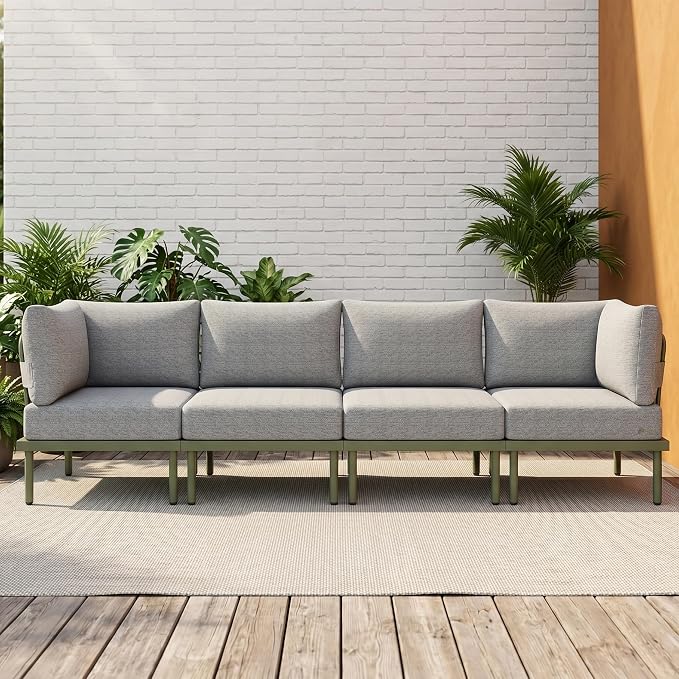 Sundale Outdoor 4 Pieces Patio Furniture Set, Metal Sectional Sofa Patio Conversation Set with 6 Inch Cushions, Modern Patio Corner Couch for Balcony, Porch, Sunroom (Grey/Green)