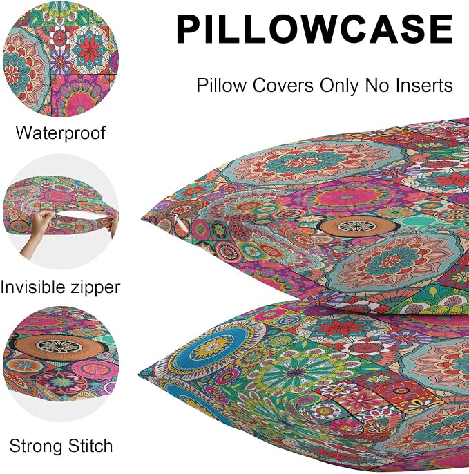 Colorful Ethnic Outdoor Pillow Covers 20x20 Inch Throw Pillow Covers Set of 2 Waterproof Decorative Pillow Cases National Modern Geometric Red Green Cushion Covers for Patio Furniture Garden Couch