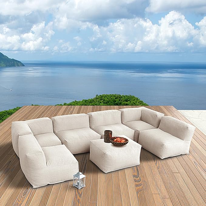 Dineli ANNYH CALALUNA 7Pc Patio Garden Furniture Sectional Conversation Set.Combines 4Middle, 2Corner, 1Ottoman/Coffee Outdoor Exp Foam Filled Chairs. A Unique Modular Contemporary Sofa (Light Beige)