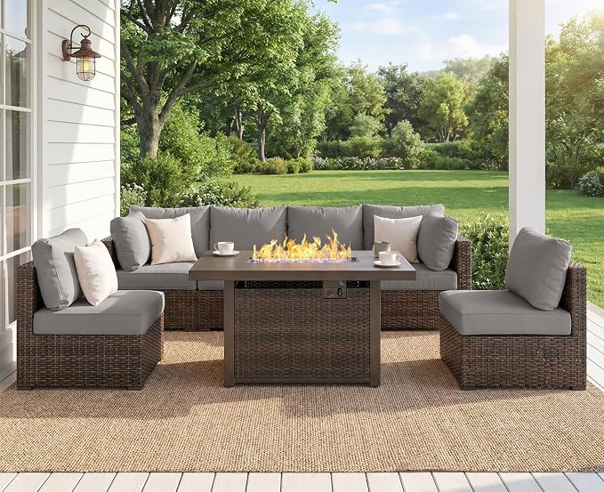 7 Piece Outdoor Patio Furniture Set with 42" Fire Pit, Wicker Furniture Sectional Conversation Sofa Set with Comfortable Cushions, Grey