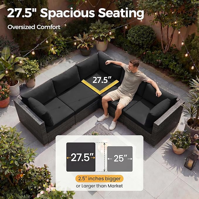 NICESOUL 13 Piece Outdoor Sectional with Fire Pit Table, All-Weather Wicker Modular Patio Furniture Set with Firepit & Chaise Lounge, Large Deep Sitting for Backyard, Deck, Grey & Black