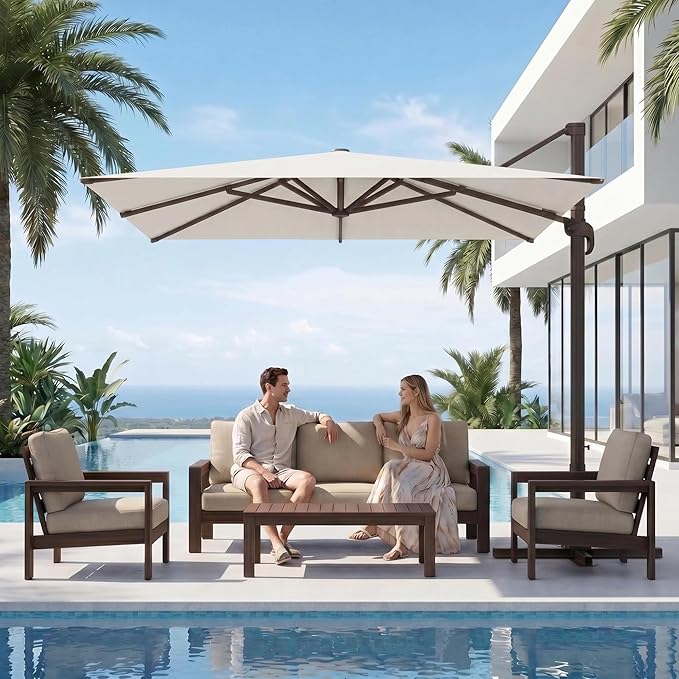 Kingdura 8' X 8' Cantilever Patio Umbrella with Base Included, Large Square Outdoor Offset Umbrella with 360-degree Rotation, 4 Position Tilt, UV Protection for Pool Deck Garden Patio (Cream white)