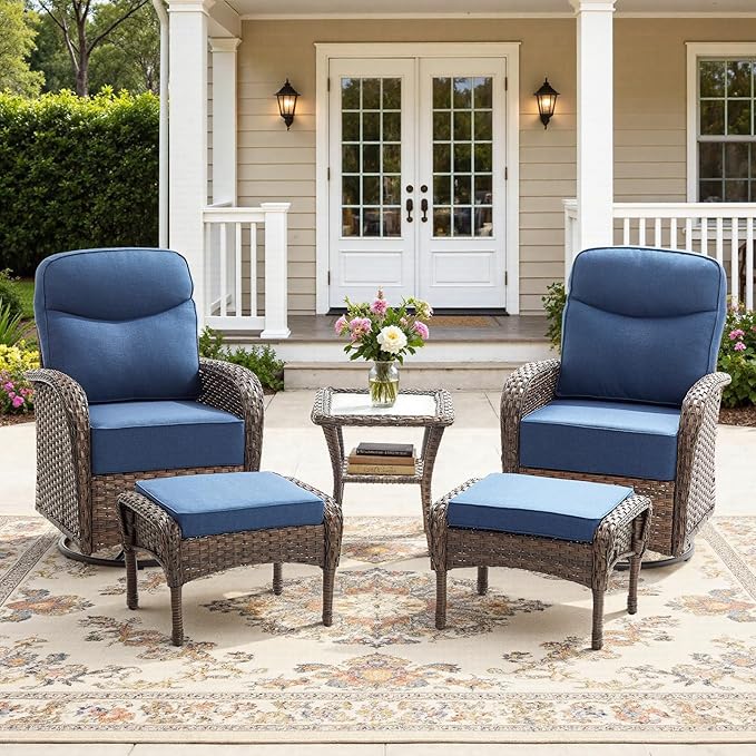 5-Piece Luxury Patio Furniture Set with 6-Inch Thick Cushions, High-Back Outdoor Swivel Rocker Chairs and Table, All-Weather Conversation Set for Porch, Deck, Balcony or Backyard – Blue