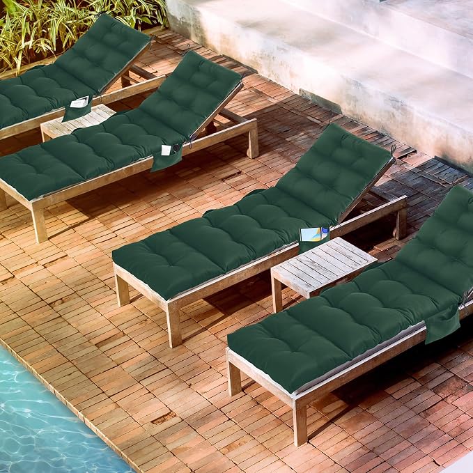 Kigley 2 Pcs Outdoor Chaise Lounge Cushions with 3 Side Pocket 74.5 x 22 x 4.7 Inch Patio Chaise Lounge Cushion, Water-Repellent and Fade-Resistant Tufted Summer Replacement(Dark Green)